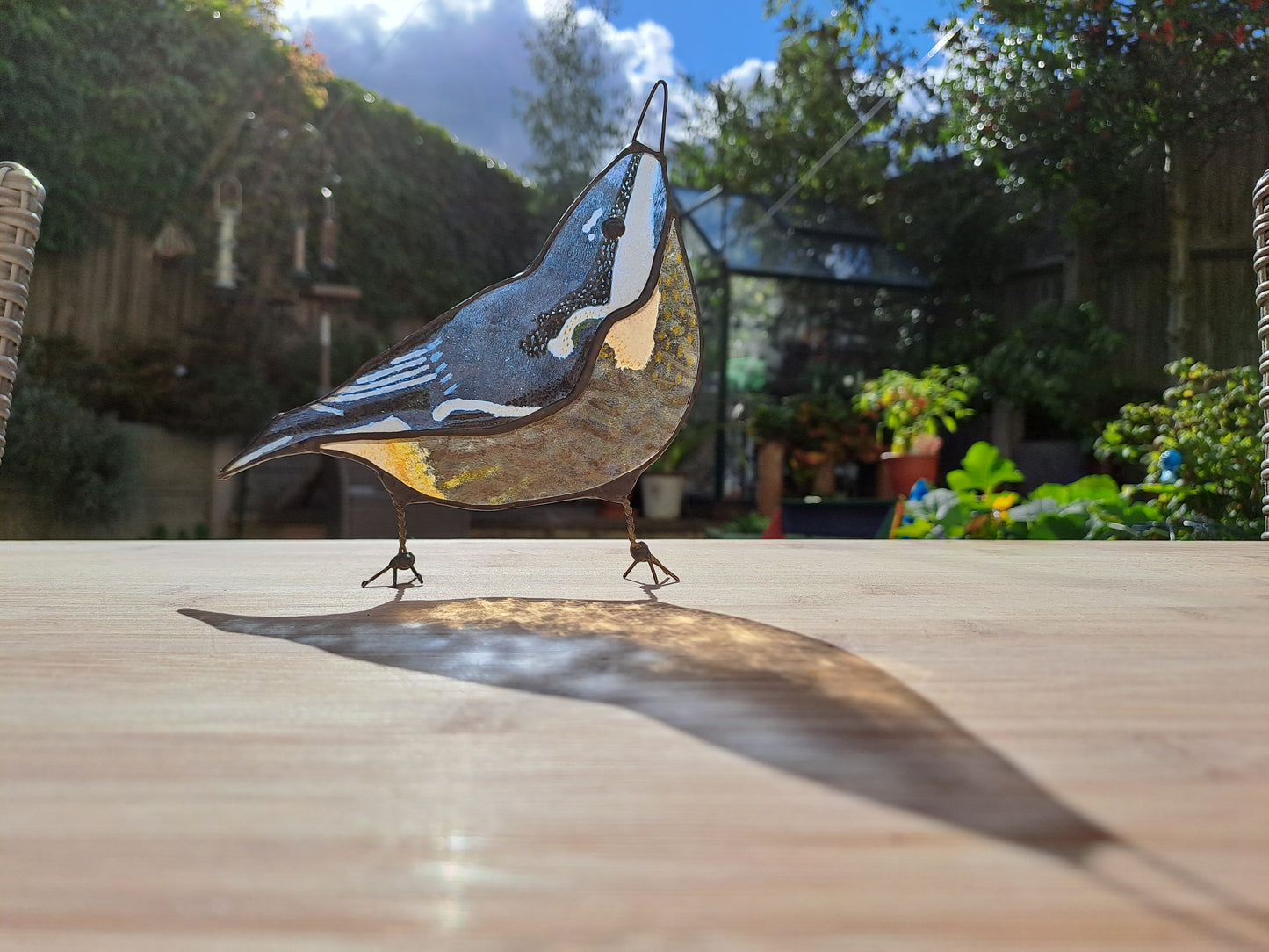 Stained Glass Nuthatch Suncatcher, UK Garden Bird, Hand Painted, Free Standing, Unique Gift Home Decor