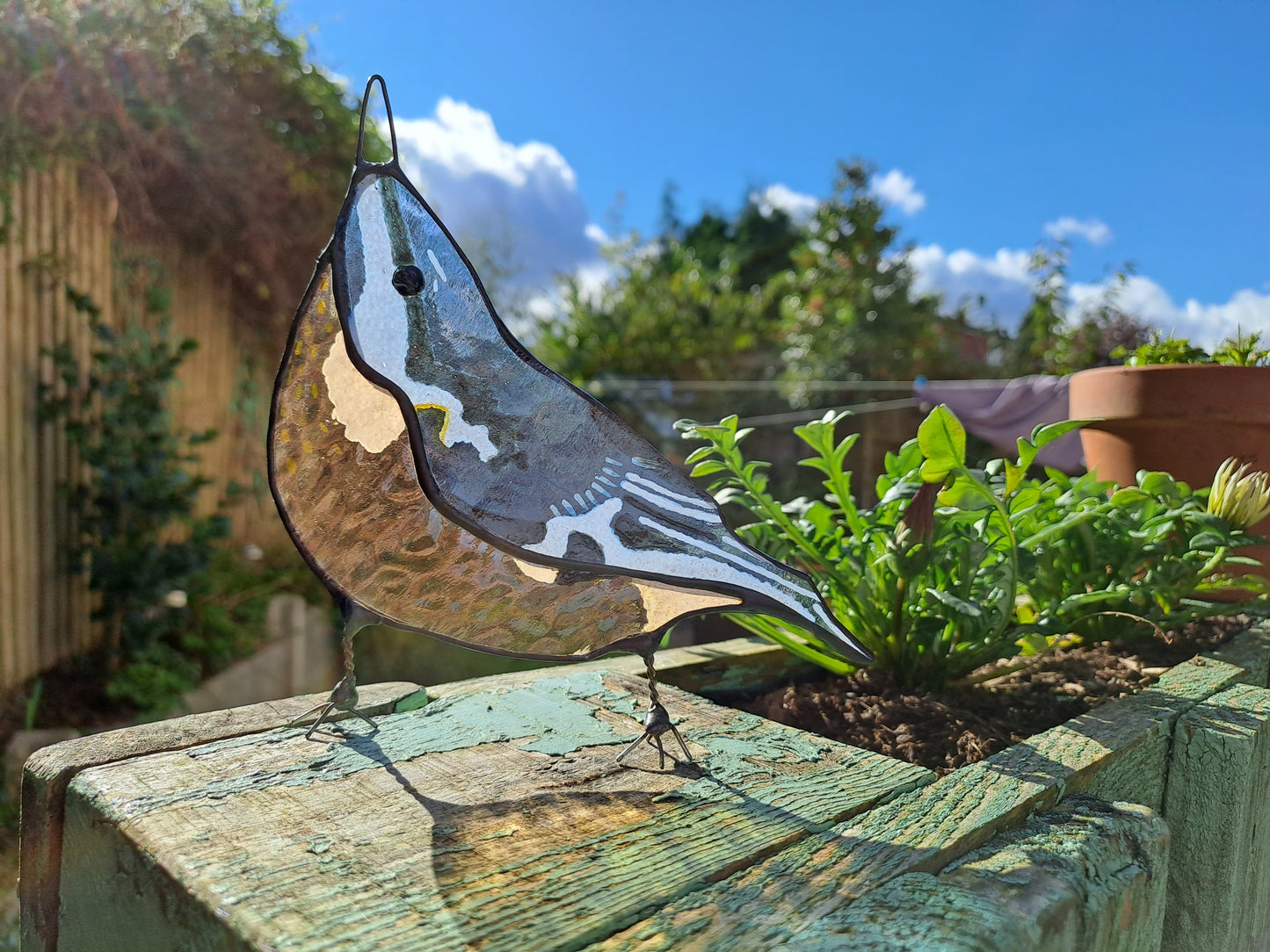 Stained Glass Nuthatch Suncatcher, UK Garden Bird, Hand Painted, Free Standing, Unique Gift Home Decor