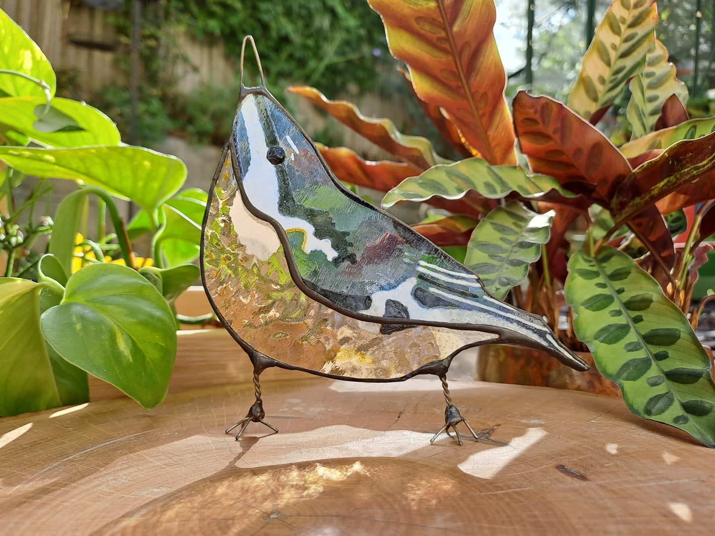 Stained Glass Nuthatch Suncatcher, UK Garden Bird, Hand Painted, Free Standing, Unique Gift Home Decor