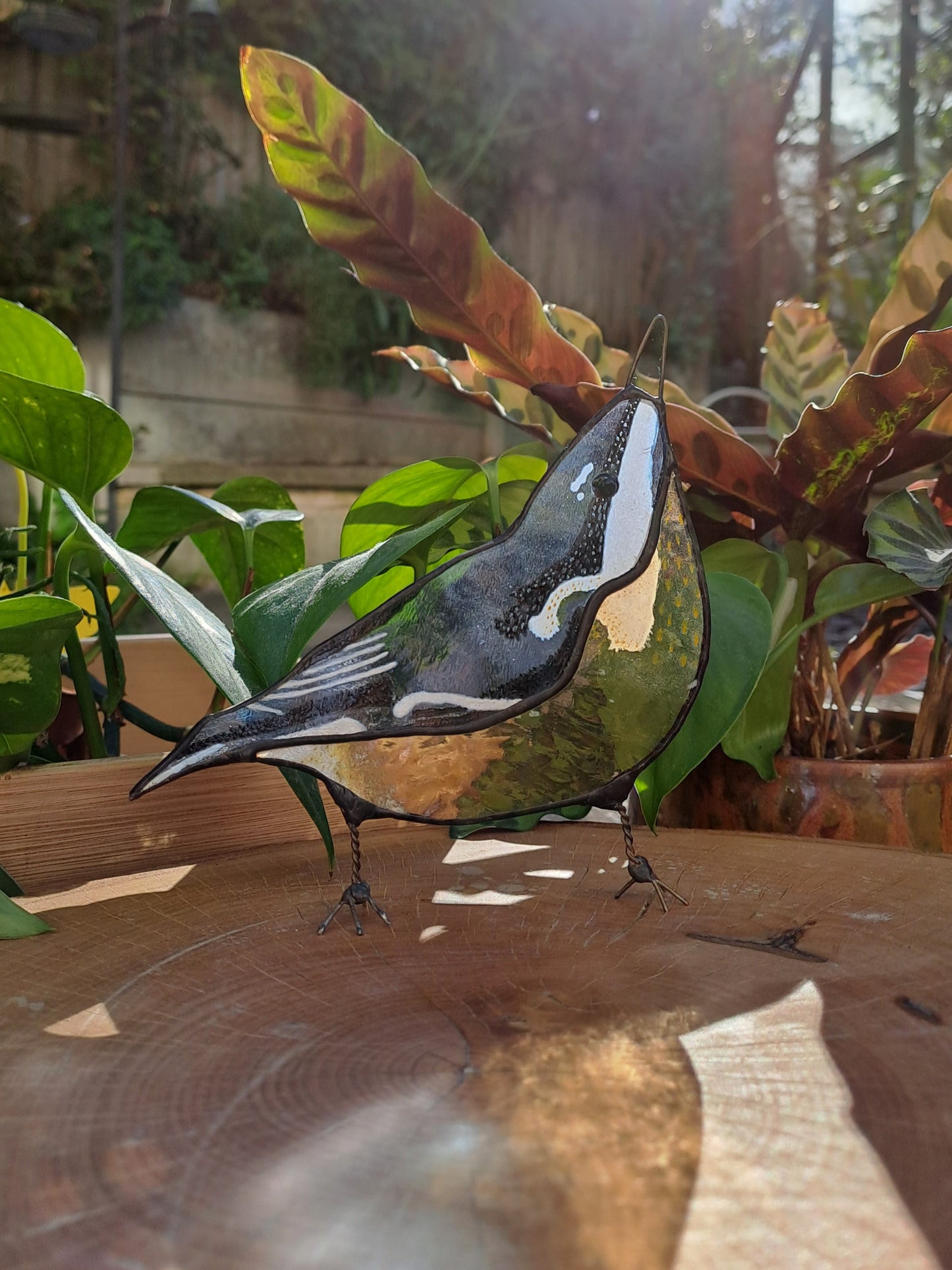 Stained Glass Nuthatch Suncatcher, UK Garden Bird, Hand Painted, Free Standing, Unique Gift Home Decor