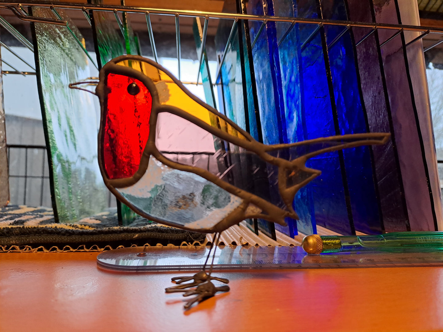 Stained Glass Robin Suncatcher, Free Standing UK Garden Bird, Unique Gift Hand Painted Window Decor Friendship Tiffany Technique