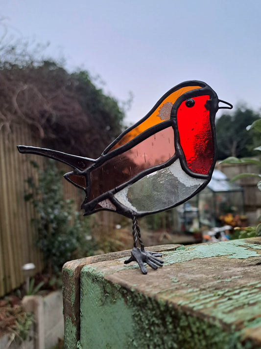 Stained Glass Robin Suncatcher, Free Standing UK Garden Bird, Unique Gift Hand Painted Window Decor Friendship Tiffany Technique