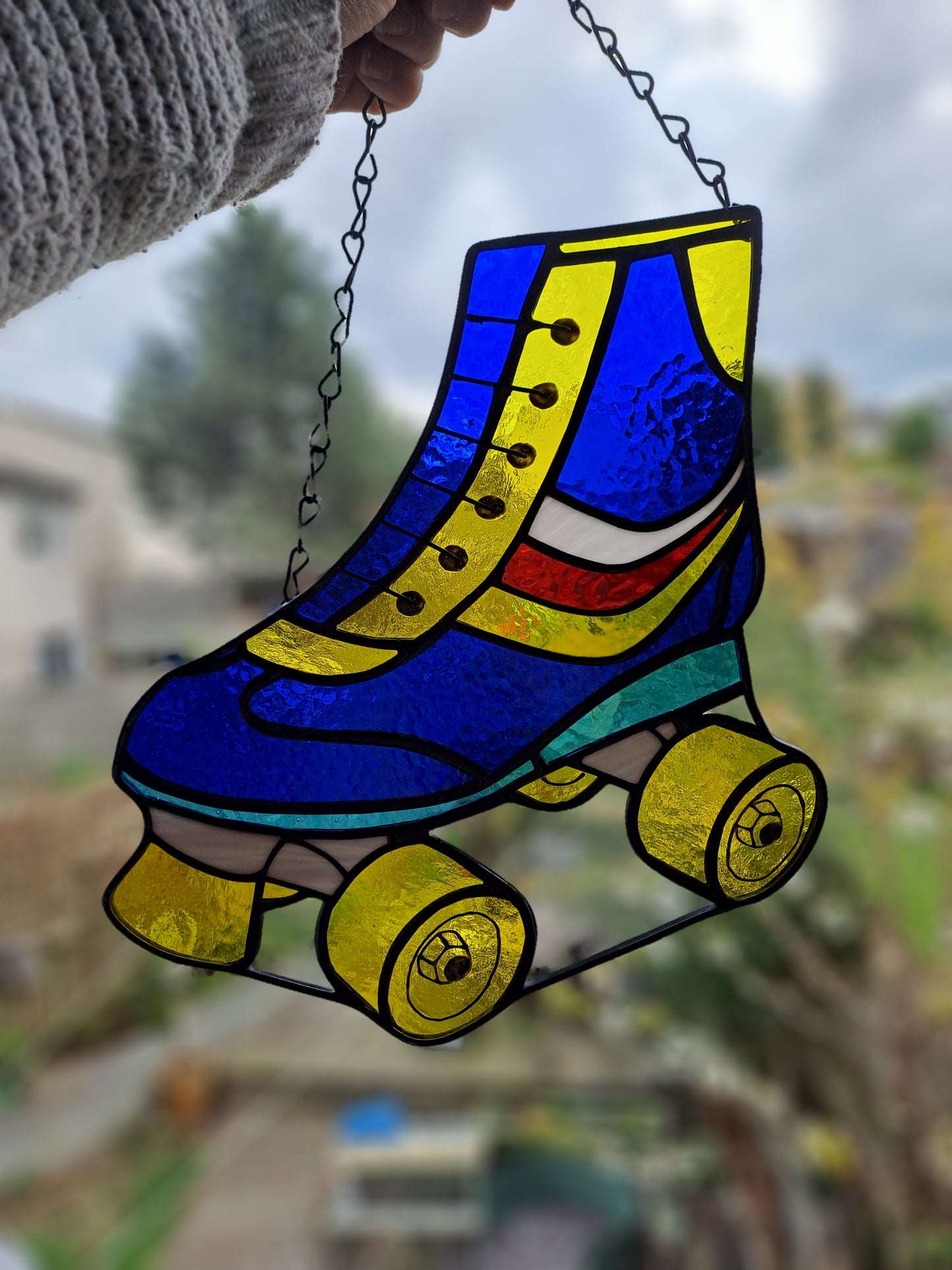 Handcrafted Real Stained Glass Quad Roller Boots Suncatcher - 1990s