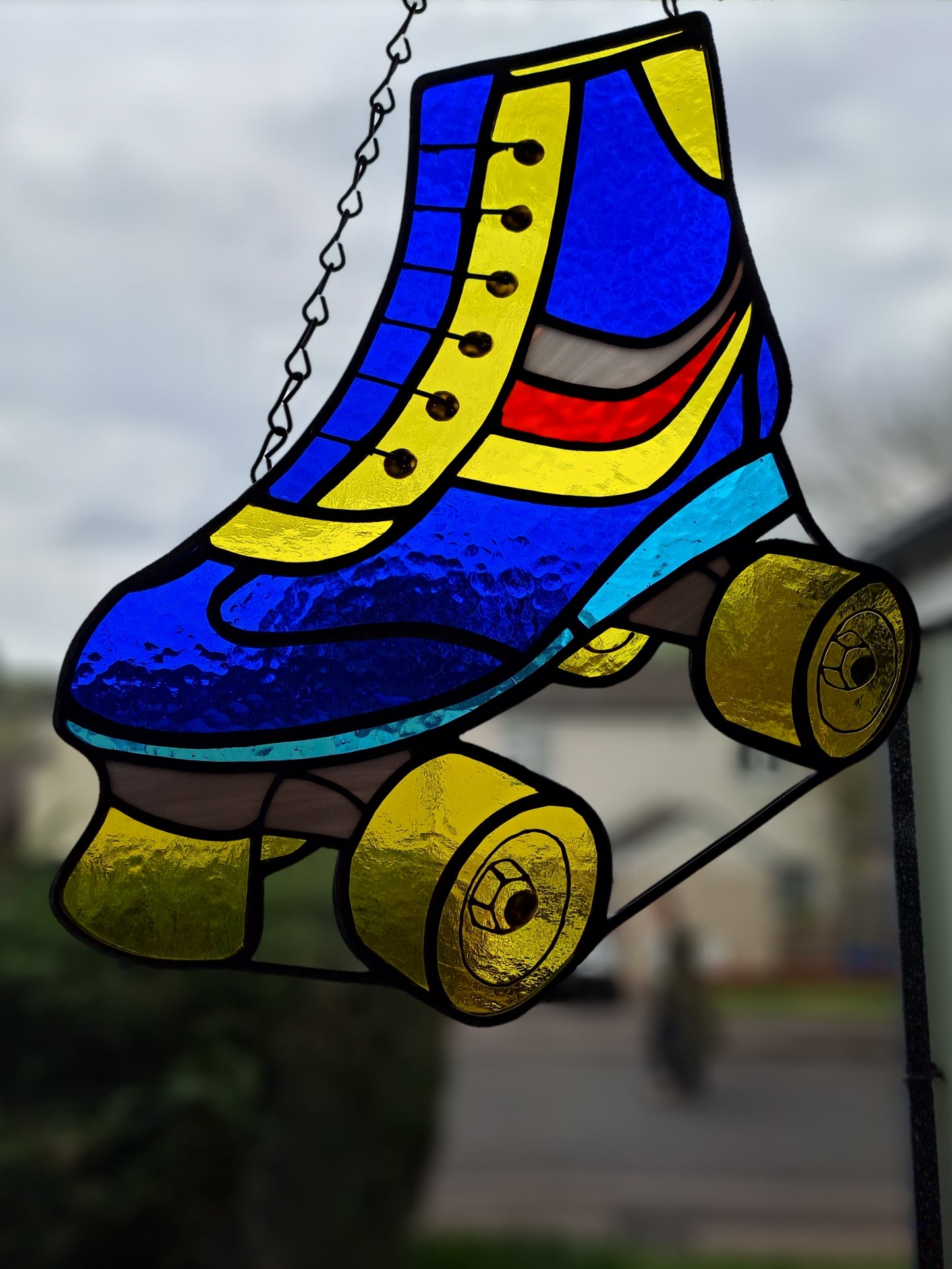 Handcrafted Real Stained Glass Quad Roller Boots Suncatcher - 1990s