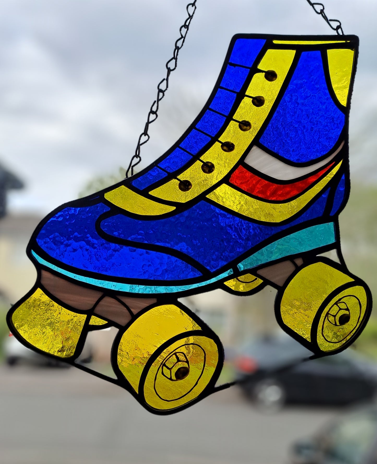 Handcrafted Real Stained Glass Quad Roller Boots Suncatcher - 1990s